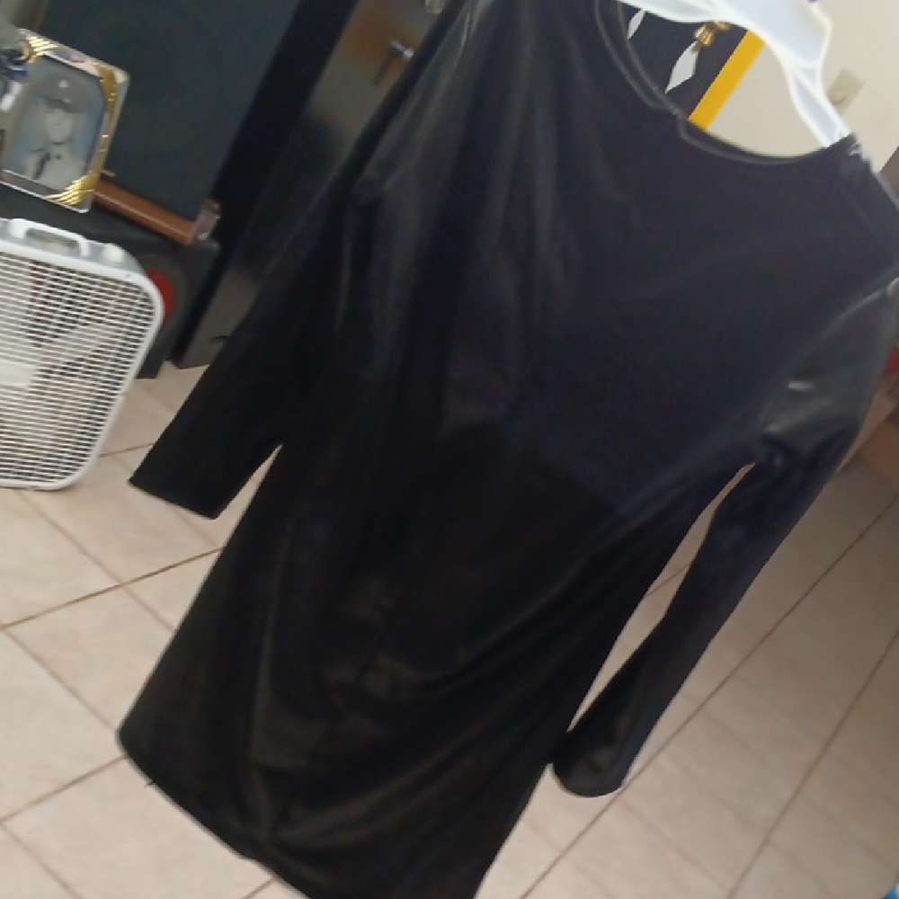 SHEIN Black Faux Leather Sheath Midi Dress Long Sleeve Crew Neck